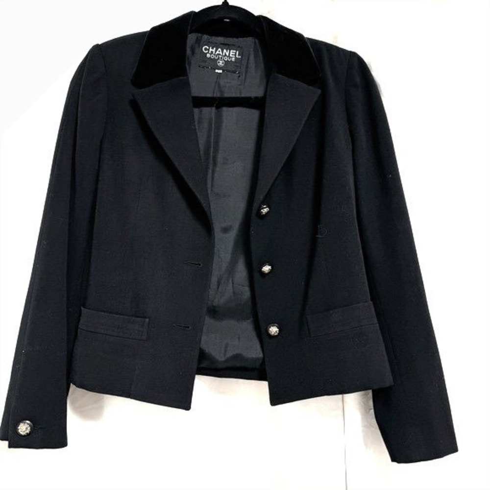 Vintage 80s Chanel Boutique Cropped Black Wool Silk Lion Head Button Blazer xs - Picture 7 of 9
